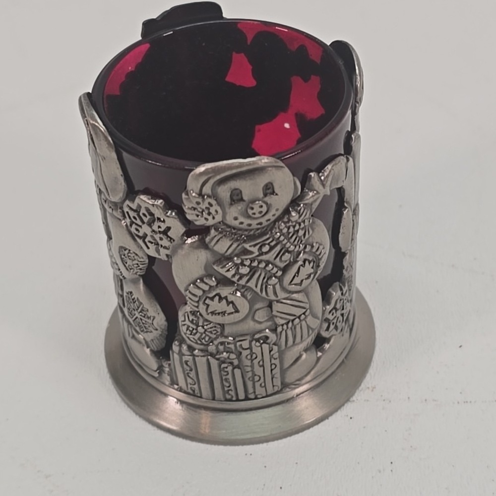 Home For The Holidays Snowman Activities Votive Candle Holder Pewter & Red Glass